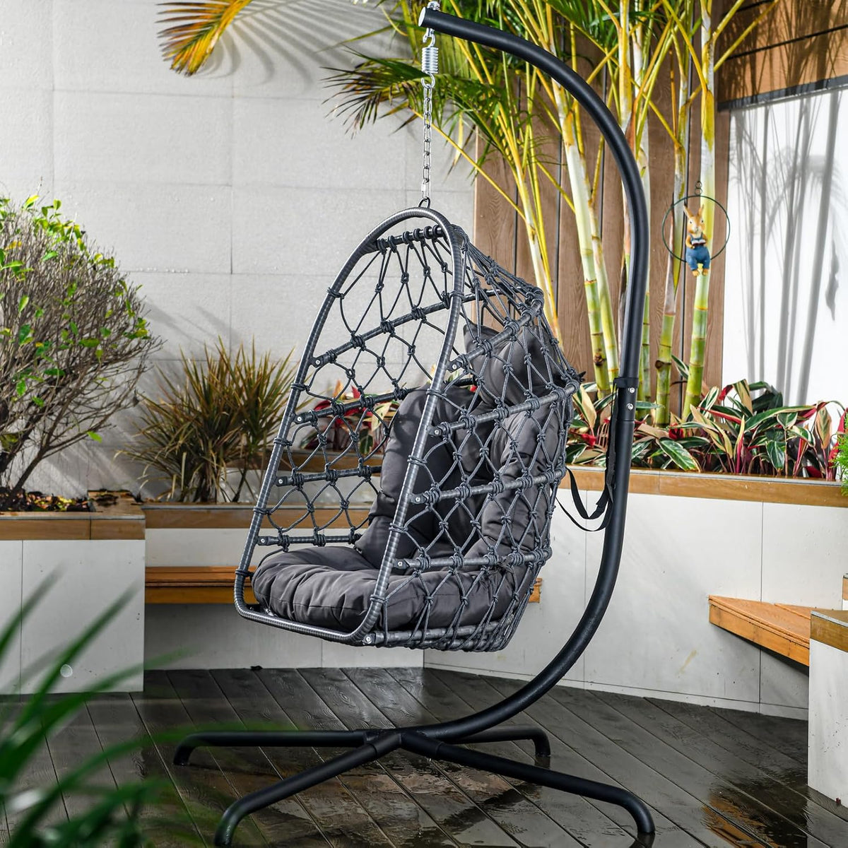 Egg-Shaped Hanging Rocking Chair With Stand, 450lbs Capacity