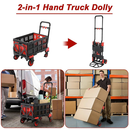 LAZY BUDDY 2-in-1 Folding Hand Truck Dolly With 22 Inch Folding Basket, Red, 330 LBS