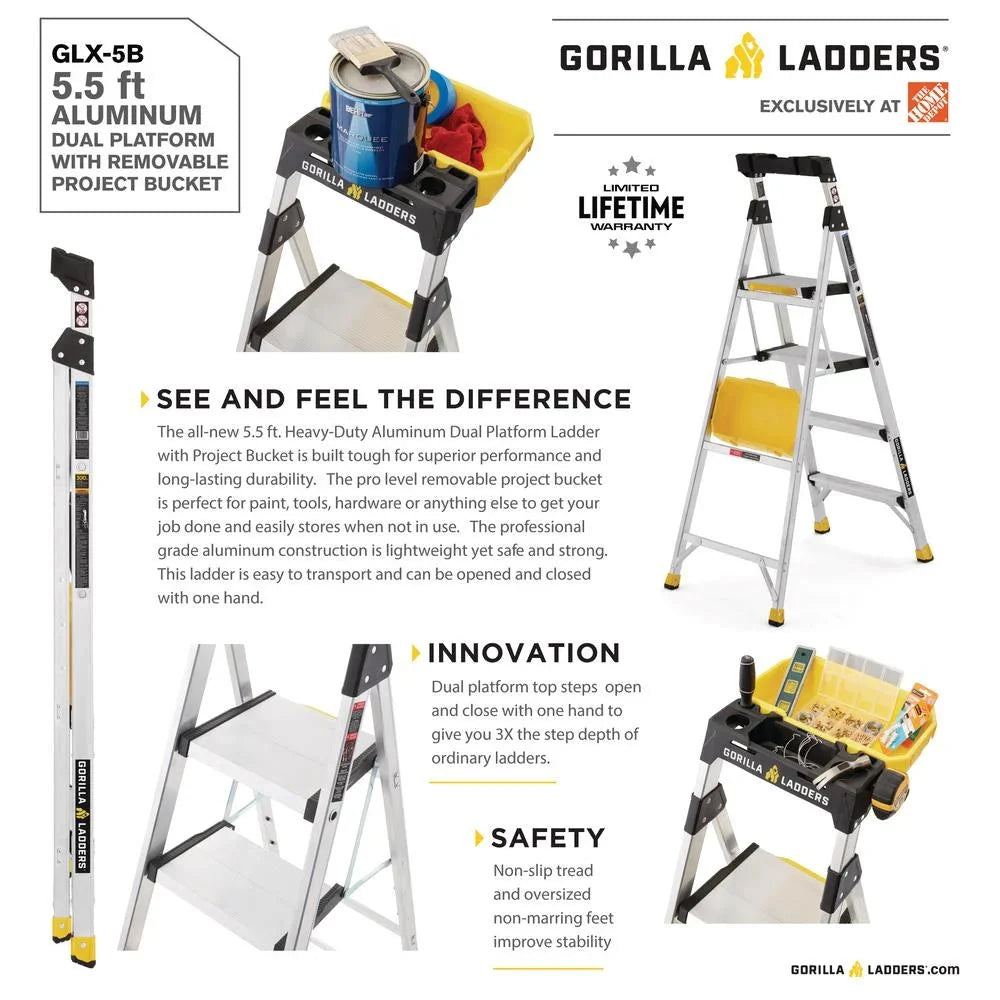 Gorilla Ladders Aluminum Dual Platform Heavy-Duty Ladder With Project Bucket, 5.5 ft, 300 lb Capacity - Multicolor