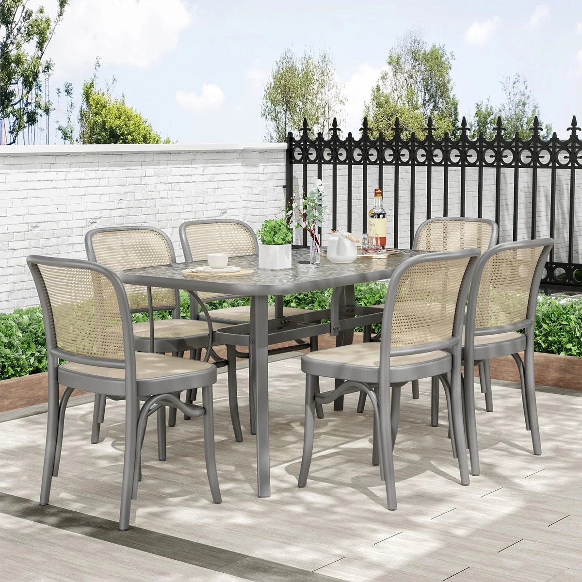 Arlopu Rectangular Patio Dining Table With 5mm Tempered Glass Top