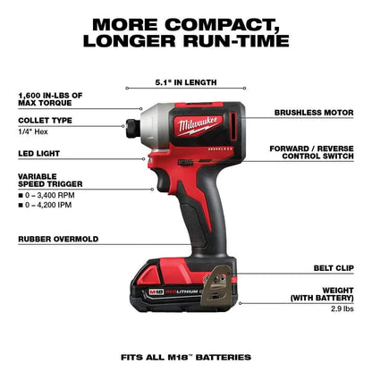 Milwaukee M18 18V Lithium-Ion Brushless Compact Drill/Impact Combo Kit, 2-Tool - 2892-22CT