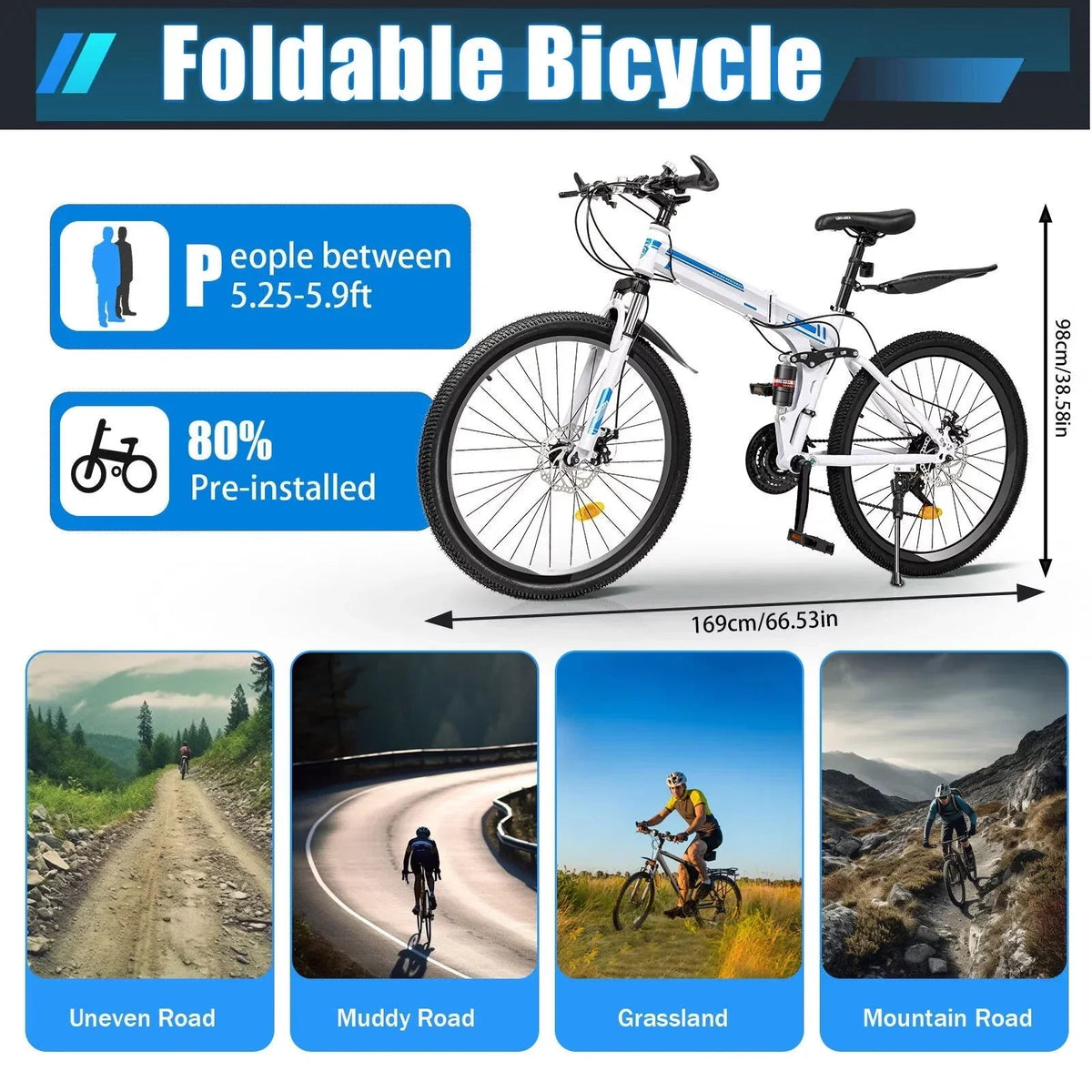 Wuzstar 26 inch Folding Mountain Bike, 21-Speed, Dual Disc Brake