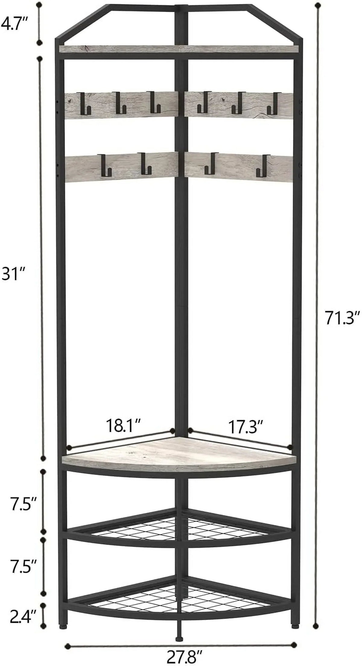 DONFU Corner Hall Tree With Shoe Bench, 10 Movable Metal Hooks, Greige