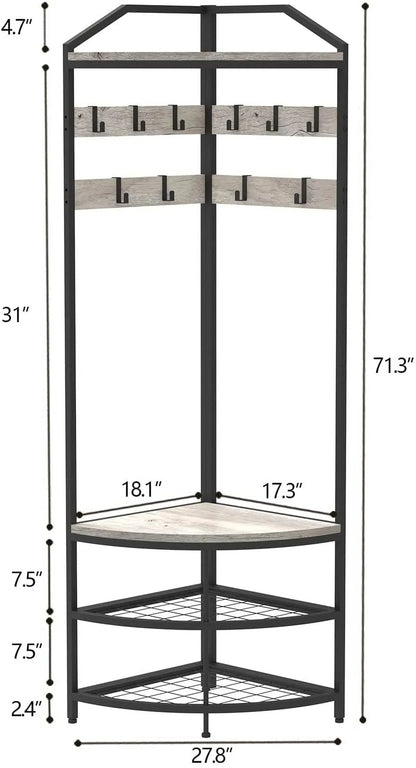 DONFU Corner Hall Tree With Shoe Bench, 10 Movable Metal Hooks, Greige