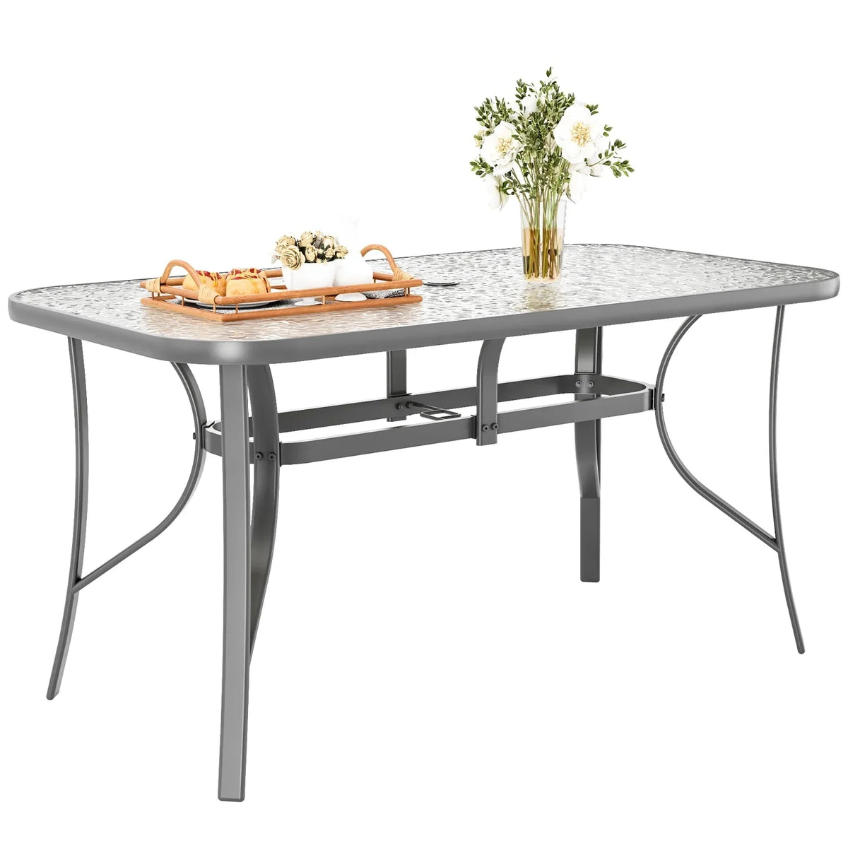 Arlopu Rectangular Patio Dining Table With 5mm Tempered Glass Top