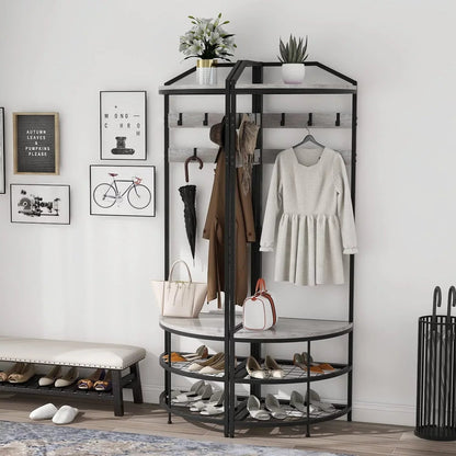DONFU Corner Hall Tree With Shoe Bench, 10 Movable Metal Hooks, Greige