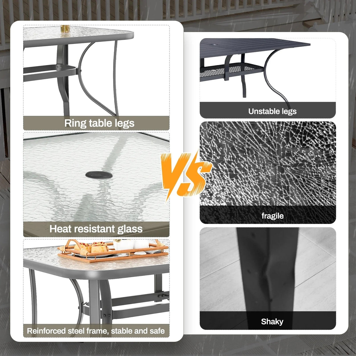 Arlopu Rectangular Patio Dining Table With 5mm Tempered Glass Top